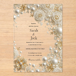 Pearl Rose and Diamonds Wedding Acrylic Invitations