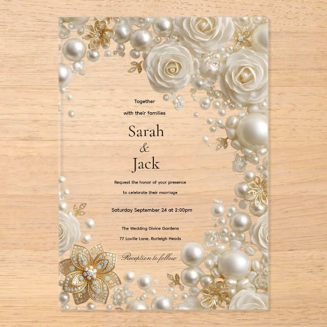 Pearl Rose and  Diamonds Wedding  Acrylic Invitations (Front)