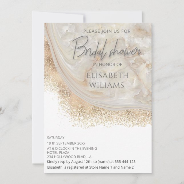 Pearl rose gold marble agate calligraphy invitation (Front)