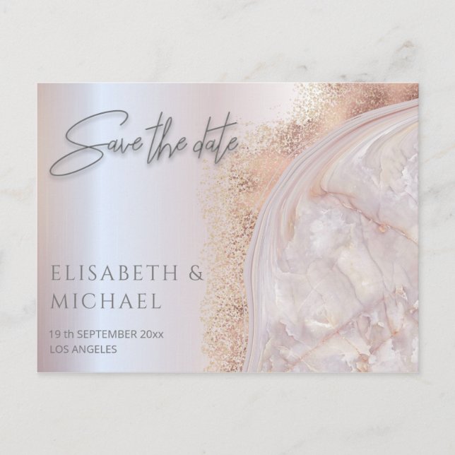 Pearl rose gold marble agate calligraphy metallic announcement postcard (Front)