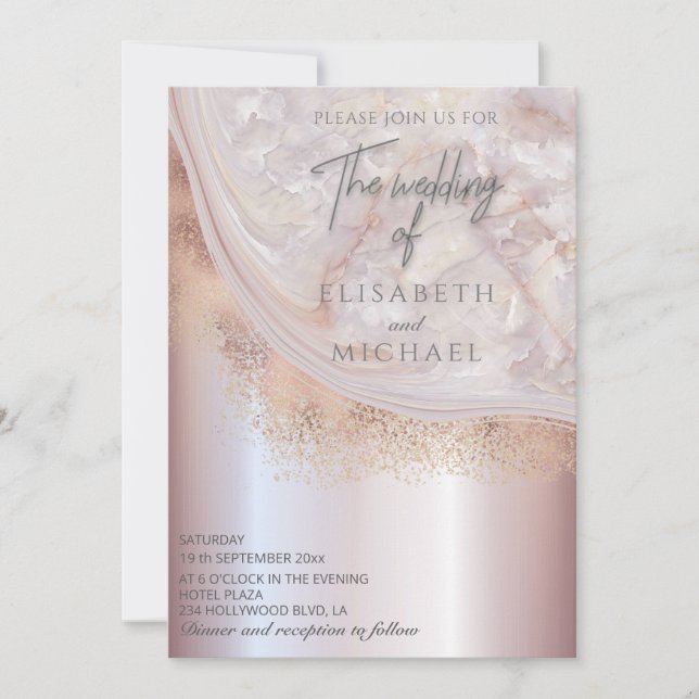 Pearl rose gold marble agate calligraphy metallic invitation (Front)