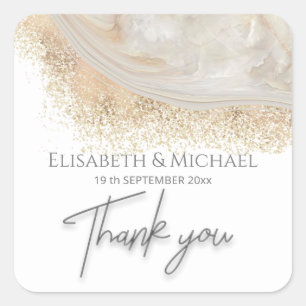 Pearl rose gold marble agate calligraphy thank you square sticker