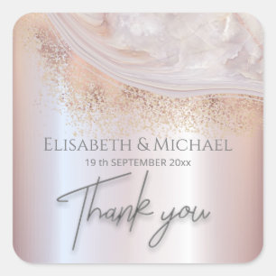 Pearl rose gold marble agate calligraphy thank you square sticker