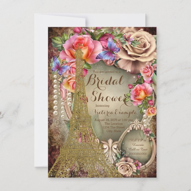 Pearl Rose Vintage Paris Bridal Shower Invitation (Front)