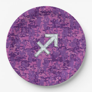 Pearl Sagittarius Zodiac Sign Fuchsia Digital Camo Paper Plate