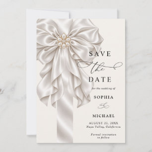 Pearl Satin Bow Elegant Wedding Save The Date Invitation
