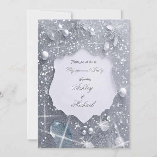 pearl silver engagement party glitter sequins invitation (Front)