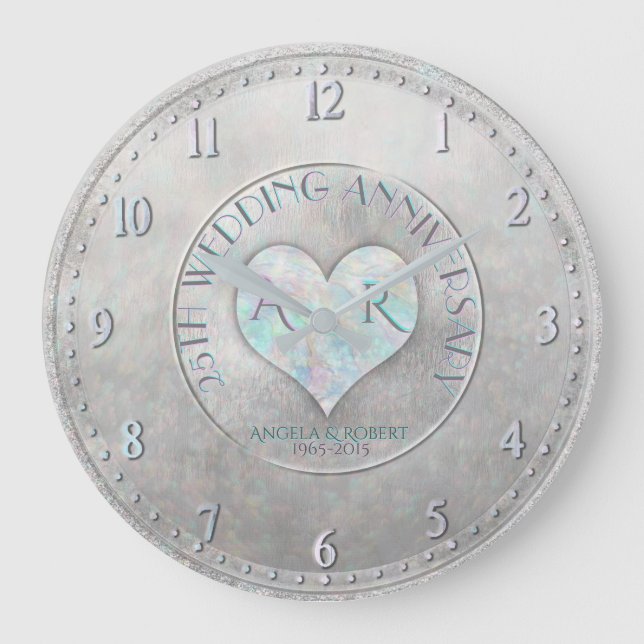 Pearl Silver Heart Monogram Wedding Anniversary Large Clock (Front)