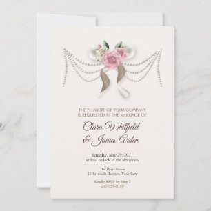 Pearl Strands and Satin Bow Crest Wedding Invitation