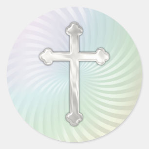 Pearl Twirl Silver Pearl Cross Classic Round Sticker