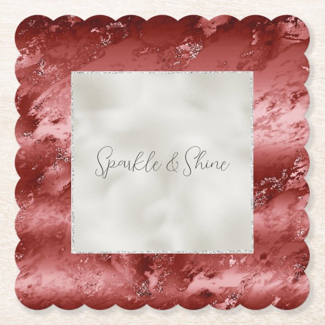 Pearl White Glitter Red Marble Wedding Paper Coaster (Front)