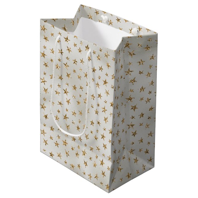 Pearl White Gold Glitter Sparkle Stars    Medium Gift Bag (Front Angled)