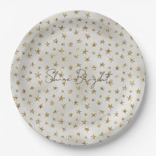 Pearl White Gold Glitter Sparkle Stars Paper Plate