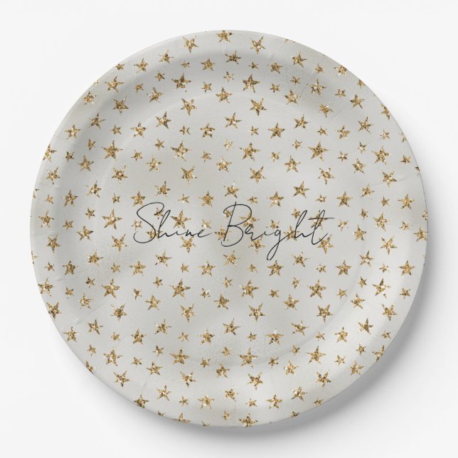 Pearl White Gold Glitter Sparkle Stars         Paper Plate (Front)