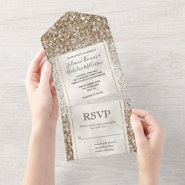 Pearl White Luxe Gold Glitter      All In One Invitation (Tearaway)