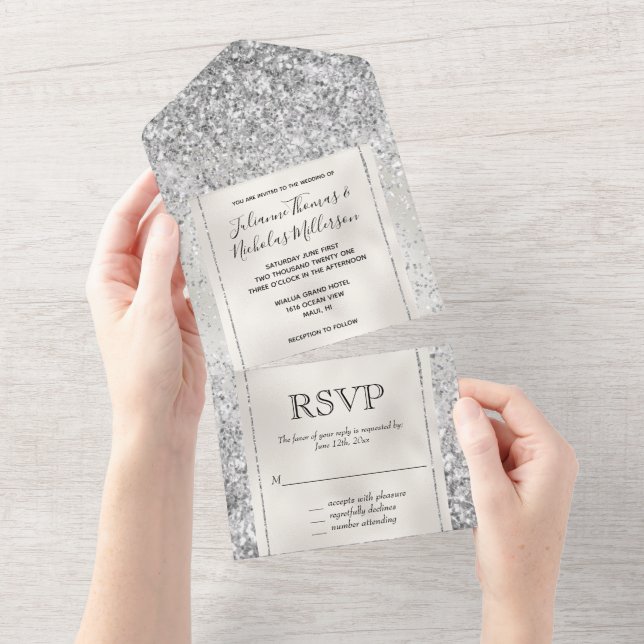 Pearl White Luxe Silver Glitter     All In One Invitation (Tearaway)