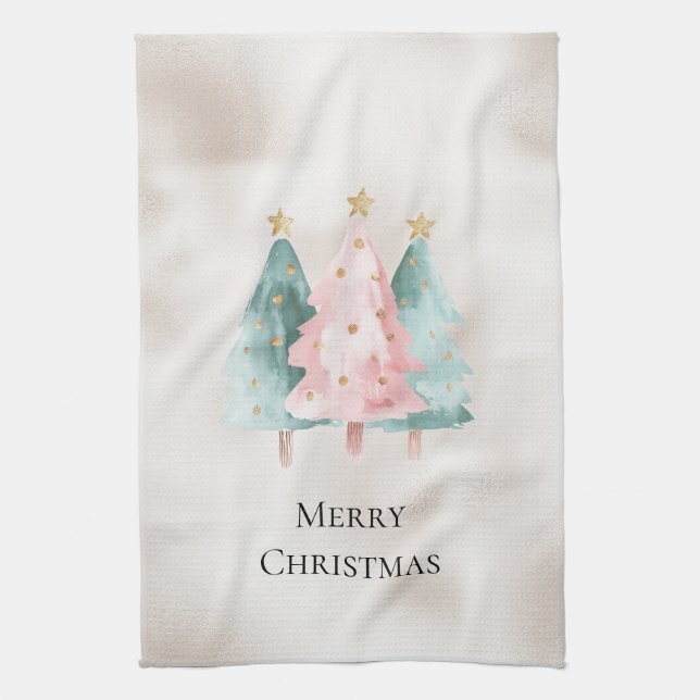 Pearl White Mint Pink Christmas Trees Tea Towel (Vertical)