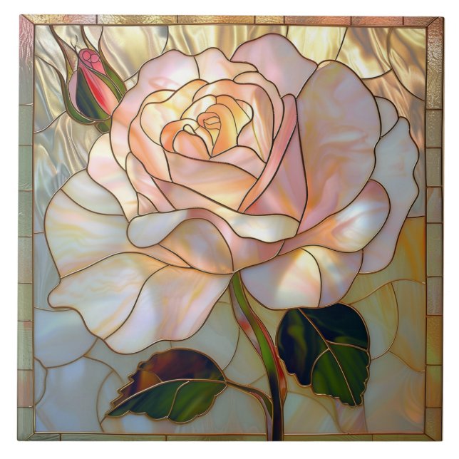 Pearl White Pink Gold Rose Stained Glass Tile (Front)