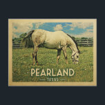 Pearland Texas Horse Farm - Vintage Travel Postcard<br><div class="desc">Pearland Texas rural vintage travel postcard.  It features a white horse grazing on green grass with fence and blue clouds sky above. A fun country farm image with rustic charm.</div>