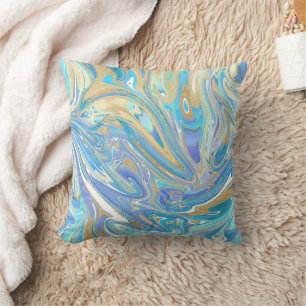 Pearlescent Aqua & Gold Liquid Marble Cushion