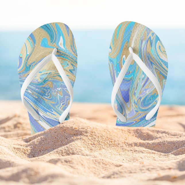 Pearlescent Aqua & Gold Liquid Marble Flip Flops (Blue Marble Paint Pour Flip-flops)