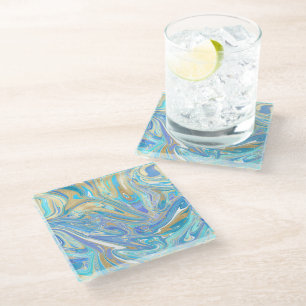 Pearlescent Aqua & Gold Liquid Marble Glass Coaster