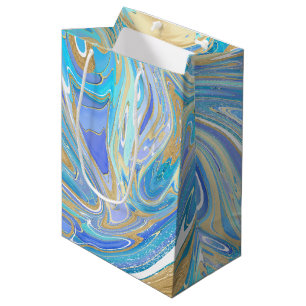 Pearlescent Aqua & Gold Liquid Marble Medium Gift Bag