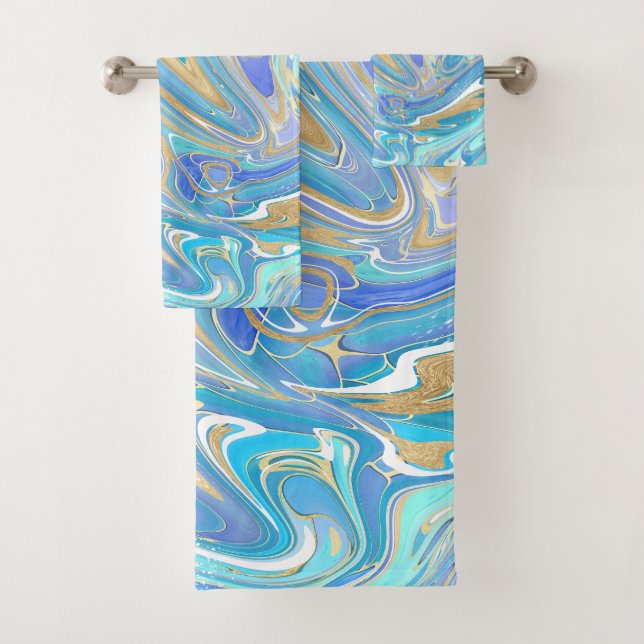 Pearlescent Aqua & Gold Liquid Marble & Monogram Bath Towel Set (Insitu)