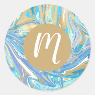 Pearlescent Aqua & Gold Liquid Marble & Monogram Classic Round Sticker