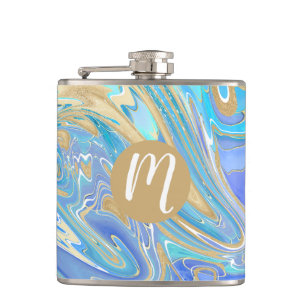 Pearlescent Aqua & Gold Liquid Marble & Monogram Hip Flask