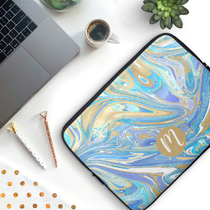 Pearlescent Aqua & Gold Liquid Marble & Monogram Laptop Sleeve