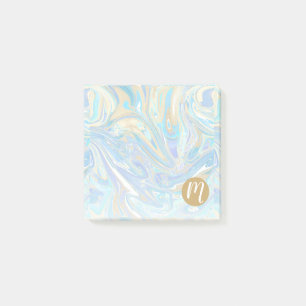 Pearlescent Aqua & Gold Liquid Marble & Monogram Post-it Notes