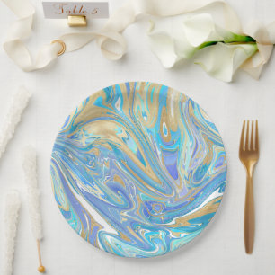 Pearlescent Aqua & Gold Liquid Marble Paper Plate
