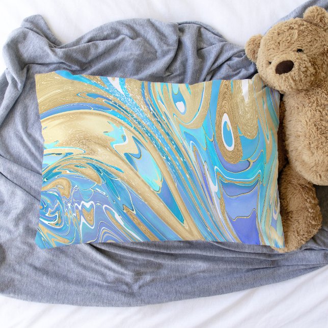 Pearlescent Aqua & Gold Liquid Marble Pillowcase (Aqua & Gold Marble Paint Pour Pillow Case)