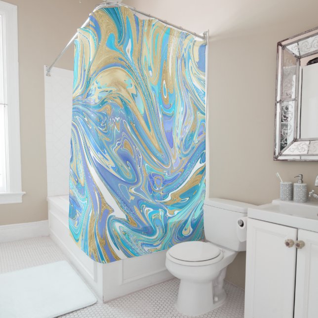 Pearlescent Aqua & Gold Liquid Marble Shower Curtain (In Situ)