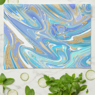 Pearlescent Aqua & Gold Liquid Marble Tea Towel