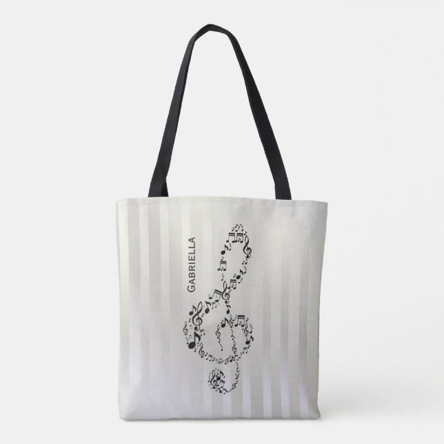 Pearlesque Stripes Black Treble Clef Music Notes Tote Bag (Back)