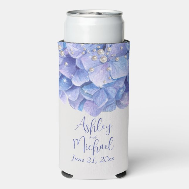 Pearls and Blue Hydrangea Wedding Guests Gifts Seltzer Can Cooler (Seltzer Back)