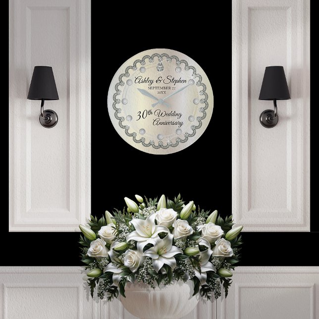 Pearls and Diamonds 30th Wedding Anniversary  Large Clock (Elegant Faux Pearls and Diamonds 30th Wedding Anniversary Large Clock)