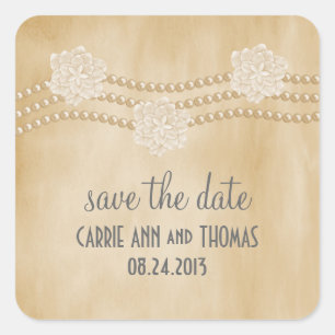 Pearls and Flowers Save the Date Stickers, Beige Square Sticker