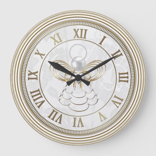 Pearls and Gold - Metallic Christmas Angel of Joy Large Clock (Front)