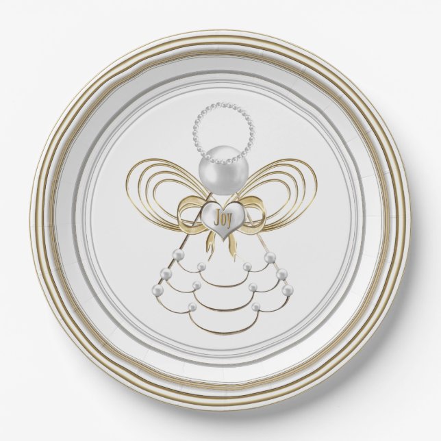 Pearls and Gold - Metallic Christmas Angel of Joy Paper Plate (Front)
