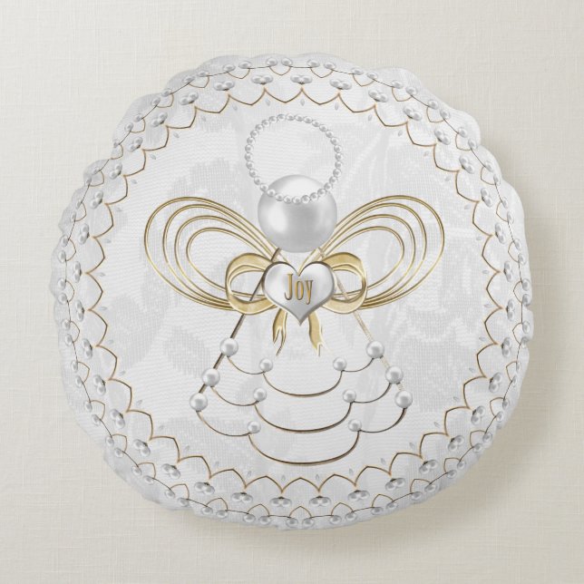 Pearls and Gold - Metallic Christmas Angel of Joy Round Cushion (Front)