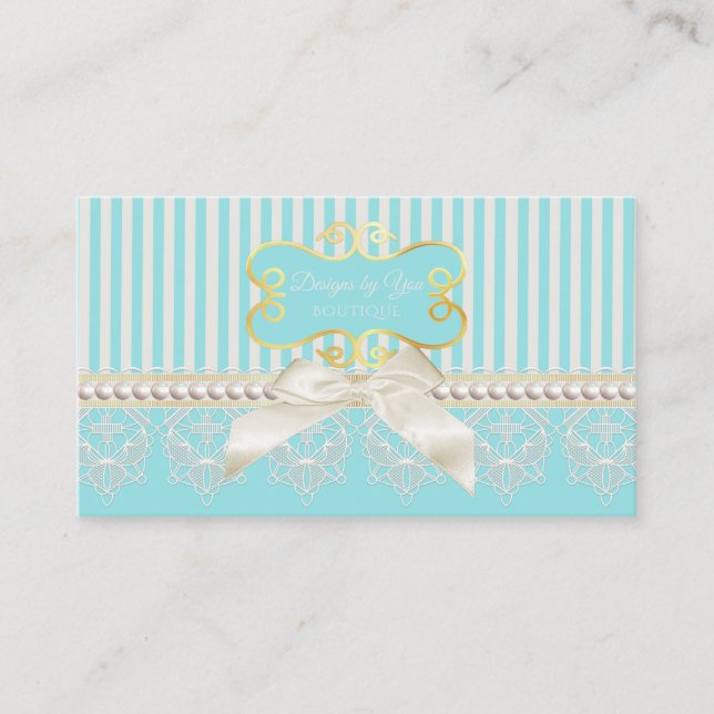 Pearls and Lace Aqua Stripes Cream Bow Boutique Business Card (Front)