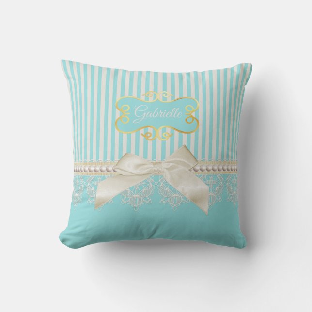 Pearls and Lace Aqua Stripes Cream Bow With Name Cushion (Front)