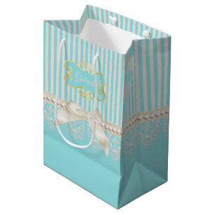 Pearls and Lace Aqua Stripes Cream Bow With Name Medium Gift Bag