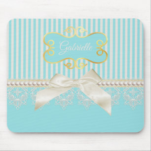 Pearls and Lace Aqua Stripes Cream Bow With Name Mouse Mat
