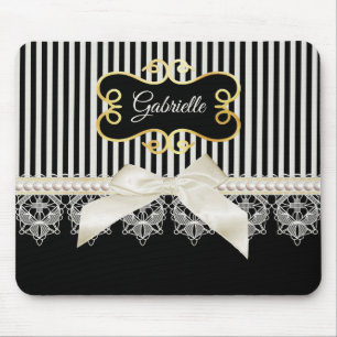 Pearls and Lace Black Stripes Cream Bow Gold Name Mouse Mat