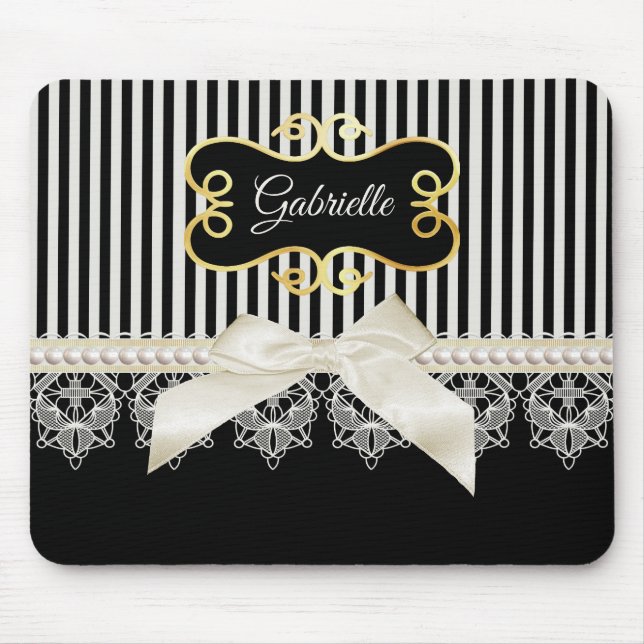 Pearls and Lace Black Stripes Cream Bow Gold Name Mouse Mat (Front)
