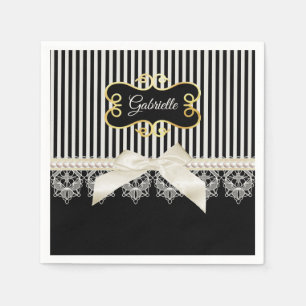 Pearls and Lace Black Stripes Cream Bow Gold Name Napkin